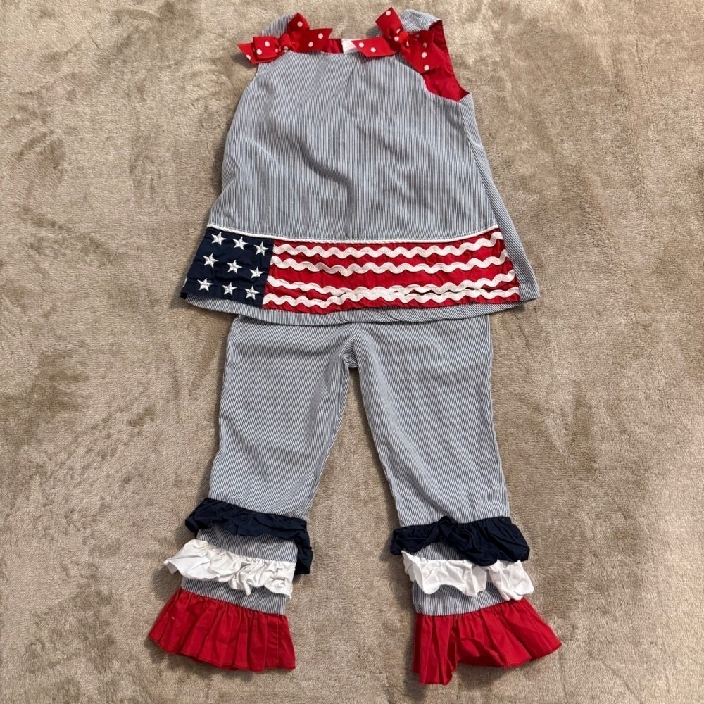 Cre8tions Girls 3T Patriotic Seersucker Ruffle Tunic and Pants Set American Flag